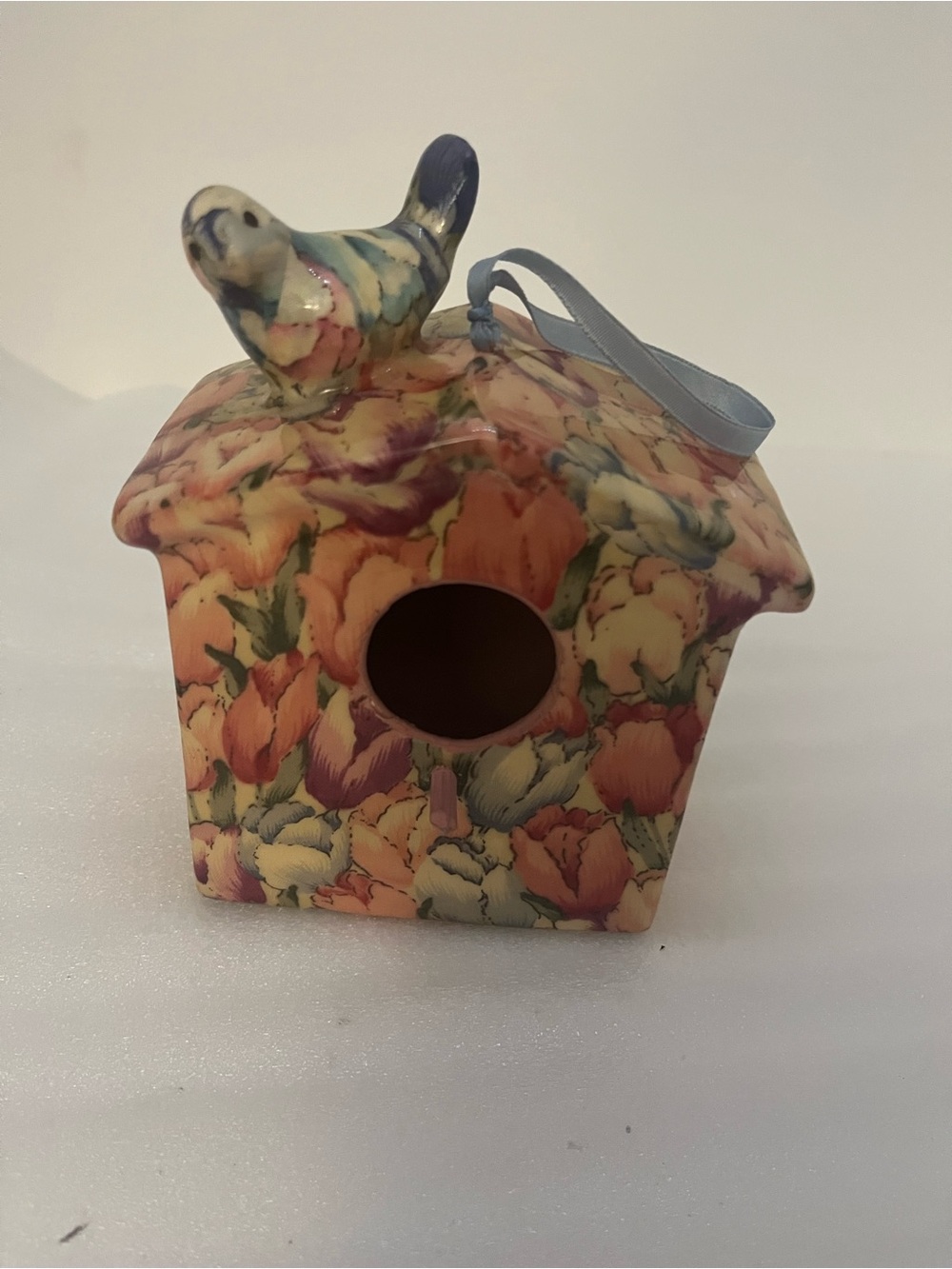 Chintz Floral Hanging Bird House Feeder  w/ Ribbon. 6”
